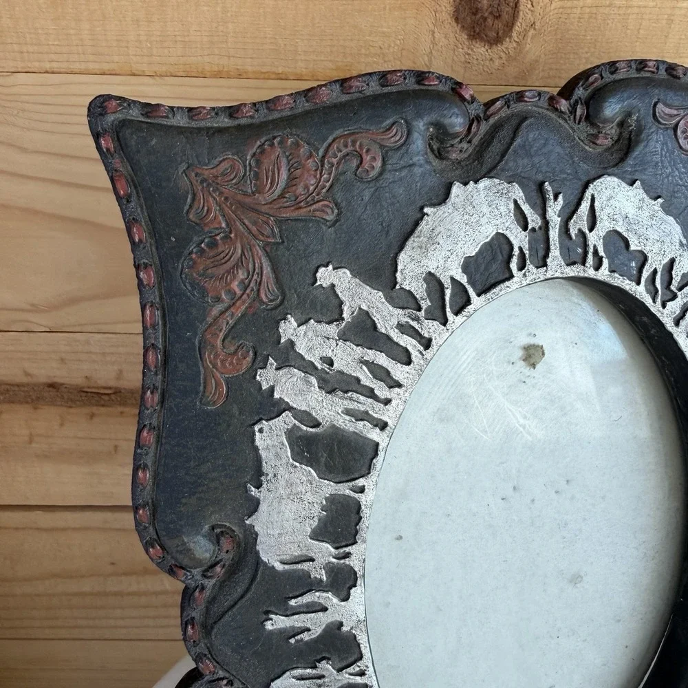 VTG‎ Western Cowboy Picture Frame Rodeo Rustic Ranch Oval Photo